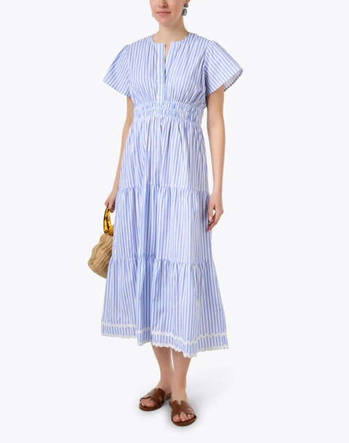 Stylish Blue and White Striped Women's Midi Cotton Dress for Getaways