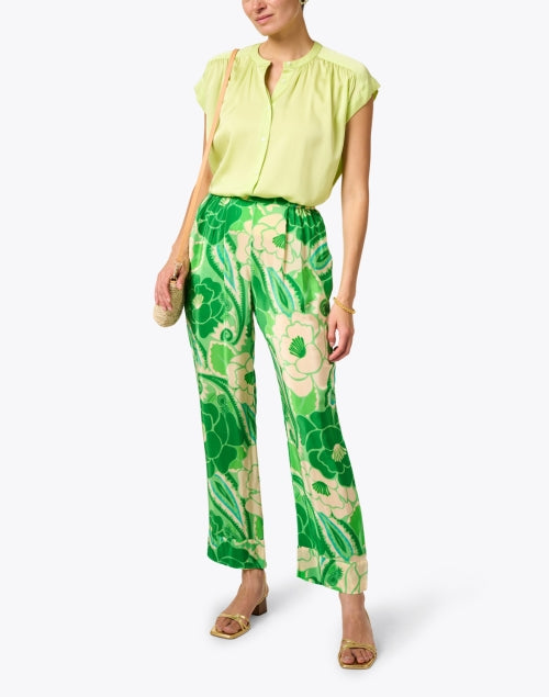Stunning Stretch Silk Cap-Sleeved Blouse in Bright Chartreuse
