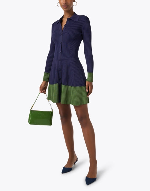 Navy and Green Pine Knit Shirt-Style Flare Dress