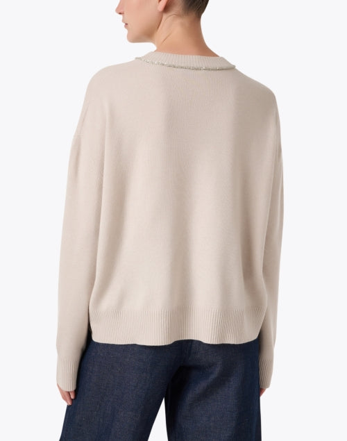 Stylish Beige Wool-Silk-Cashmere Embellished Sweater with Metallic Neckline