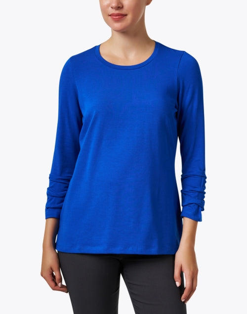 Stylish Electric Blue Pima Cotton Women's Ruched Sleeve T-Shirt