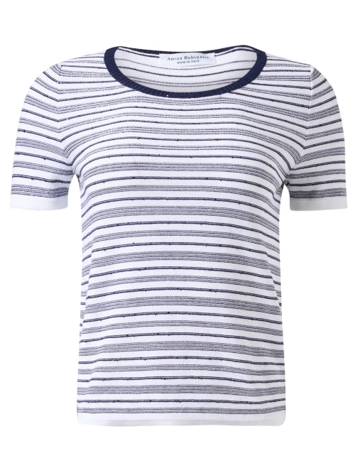 Podio Casual Women's White and Navy Striped Knit Cotton Blend Sequin Accented Top