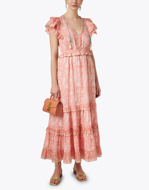 Luxurious Parisian Peach Floral Cotton-Silk Ruffled Dress