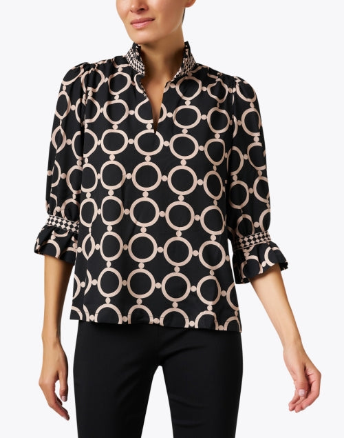 Stylish Women's Black and Brown Print Ruffled Collar Top