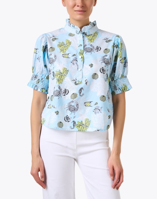 Orla Blue Reef Patterned Women's Cotton Top with Ruffle Neck and Puff Sleeves