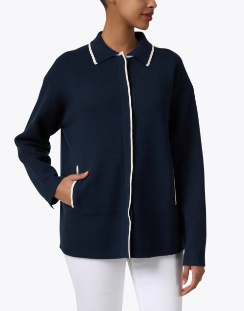 Sophisticated Navy 100% Cotton Knit Jacket with White Stripe Trim