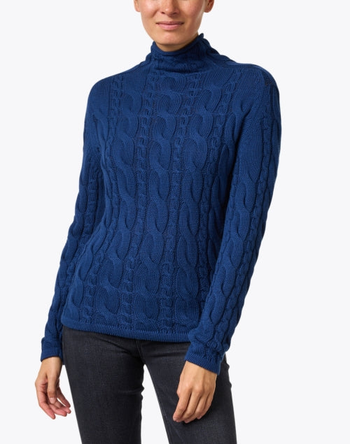 Fall Cobalt Blue Pima Cotton Cable Knit Cozy Mock Neck Sweater