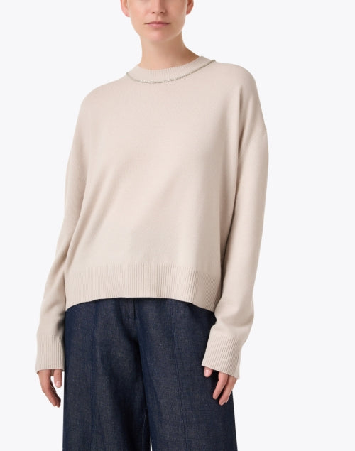 Stylish Beige Wool-Silk-Cashmere Embellished Sweater with Metallic Neckline