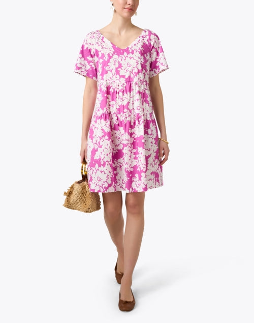 Stylish Relaxed-Fit Purple and White Floral Cotton Tiered Dress