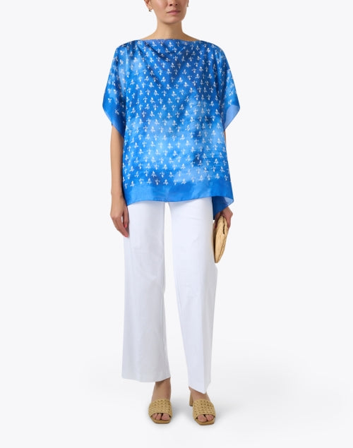 Elegant Blue Printed Silk Poncho Style Top for Effortless Fashion