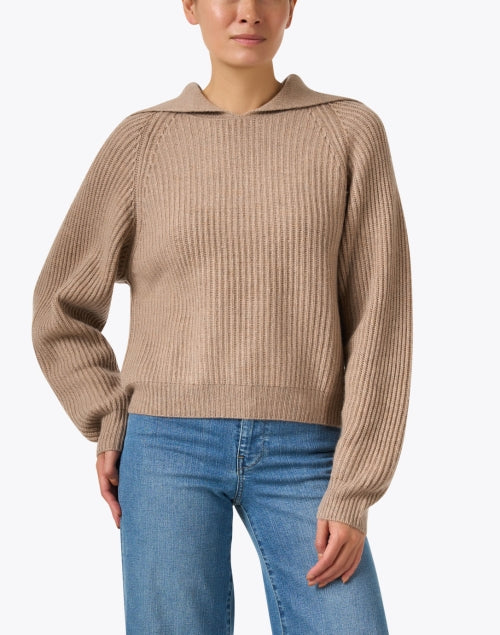 Stylish Taupe Wool - Cashmere Blend Sweater with Oversized Collar and Balloon Sleeves