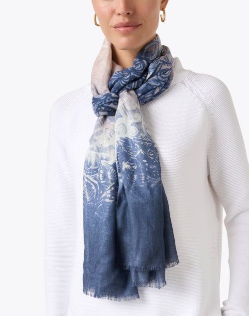 Navy Ombre-Printed Lightweight Silk Cashmere Scarf for New Season