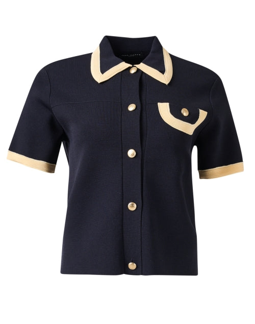 Navy Collared Short - Sleeve Pacha Sweater with Tan Trim
