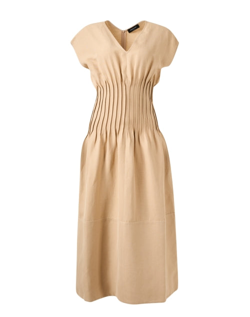 Elegant Beige Linen Blend Pleated Midi Dress