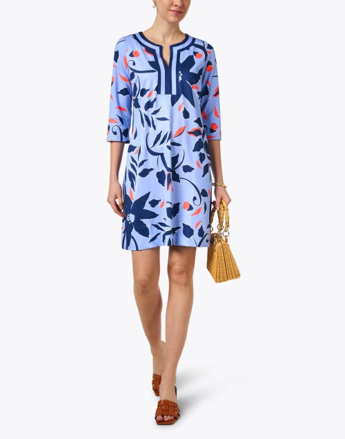 Printed Blue and Crimson Floral Women's Tunic-Style Dress