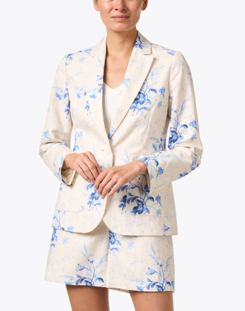 LK Bennett Fleur Women's Breathable Linen Jacket with Sweet Blue and White Print