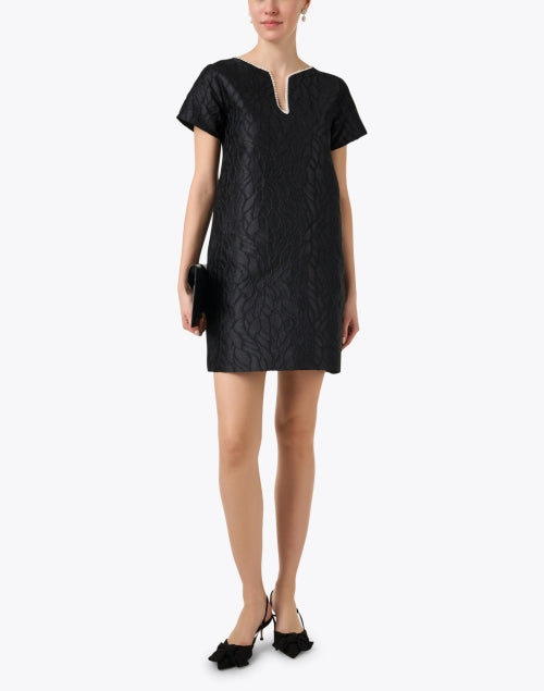 Stunning Lulu Black Textured Satin Jacquard Pearl - Trimmed Dress