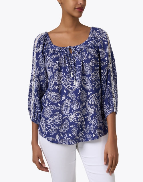 Navy Blue Paisley Print Relaxed-Fit Top with Balloon Sleeves and Tie Neckline