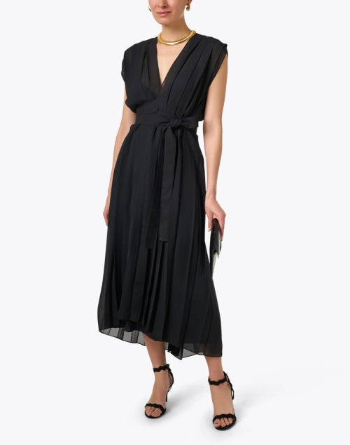 Stylish Black Pleated Wrap-style Women's Dress