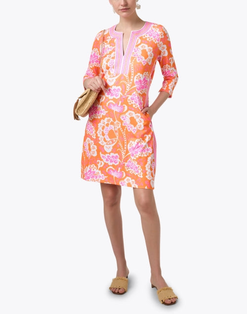 Stylish Orange and Pink Floral Printed Jersey Tunic Dress