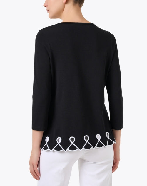 Stylish Black Pima Cotton Knit Top with Embroidered Hem and Eyelet Cutouts