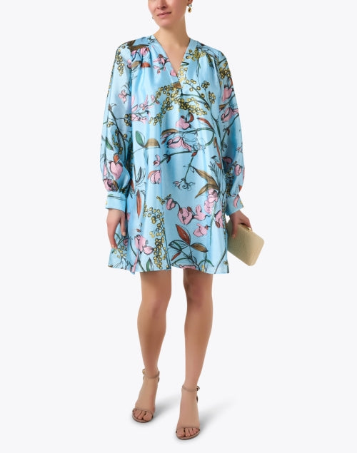 Stylish Women's Blue Floral Printed Trapeze Dress