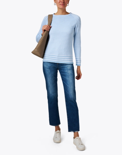 Stylish Blue and White Striped 100% Cotton Sweater for Seasonal Wear