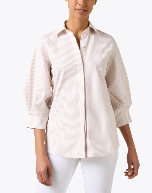 Beige Striped Women's Cotton Casual Blouse