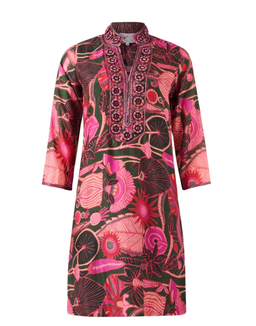 Stylish Pink Multi Floral Patterned Women's Tunic Dress for Casual Wear