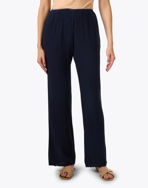 Bella Navy Comfortable 100% Cotton Gauze Straight - Leg Elastic - Waist Pants
