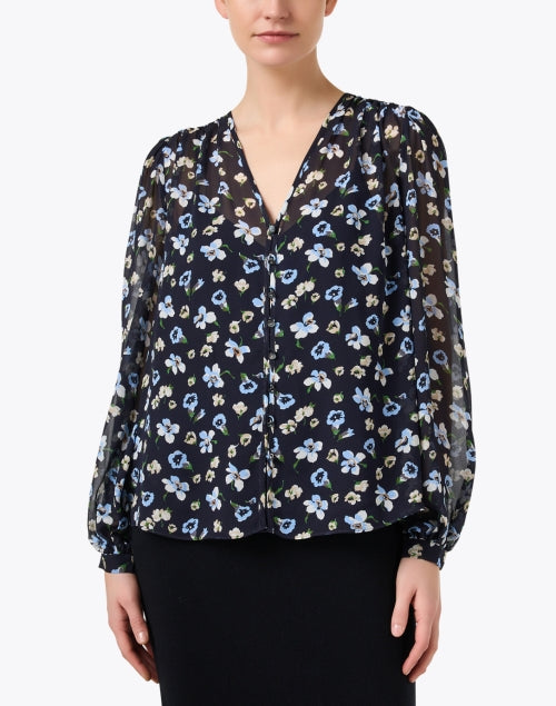 Alec Women's Navy Floral Printed Silk Blouse for Office and Dinner