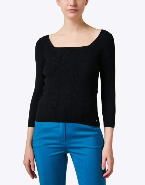 Timeless Black Slim-Fitting Ribbed Top with Square Neck and 3/4 Sleeves