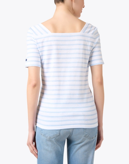 Stylish Light Blue and White Striped Cotton Square - Neck Short - Sleeve Top