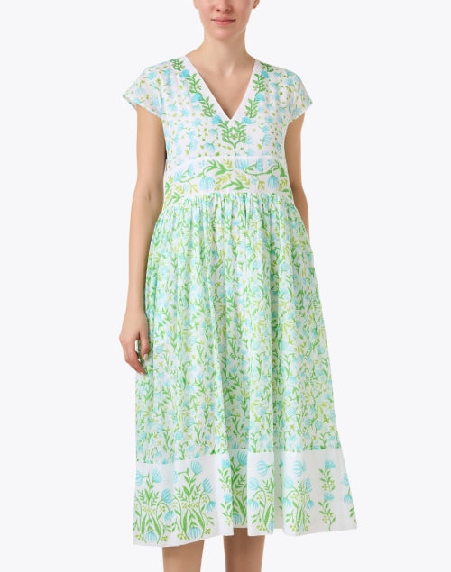 Stylish Blue and Green Floral Print 100% Cotton Midi Dress