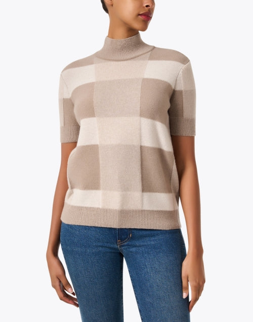 Beige Neutral Check Pattern Short Sleeve Wool Cashmere Blend Sweater