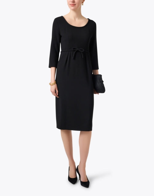Stylish Thelma Black Wool Crepe Midi Dress with Bow Detail