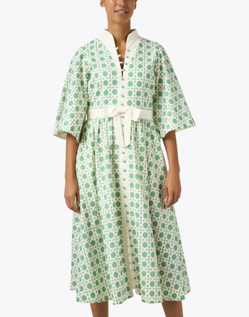 Stylish Carmen Linen-Cotton Dress with Green Print