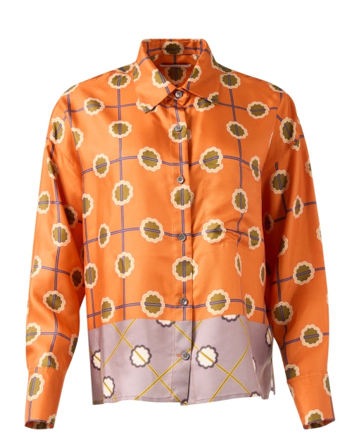 Stylish Orange Geometric Print 100% Silk Button-Down Blouse