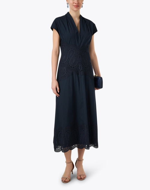 Navy Blue Lace-Trimmed Cotton Poplin Women's Dress for Formal Occasions