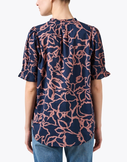 Navy Printed Cotton Top with Ruffle Collar from Los Altos