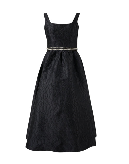 Abbey Glass Victoria Black Jacquard Fit-and-Flare Dress with Removable Pearl Belt
