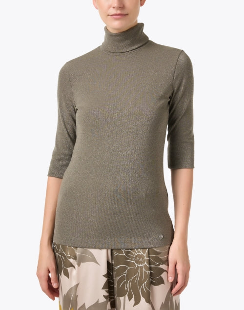Marc Cain Olive Green Short Sleeve Knit Turtleneck Top with Shimmering Lurex Finish