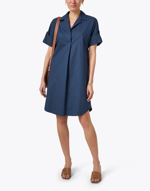 Stylish Navy Poplin Henley Neckline Shift Shirt Dress