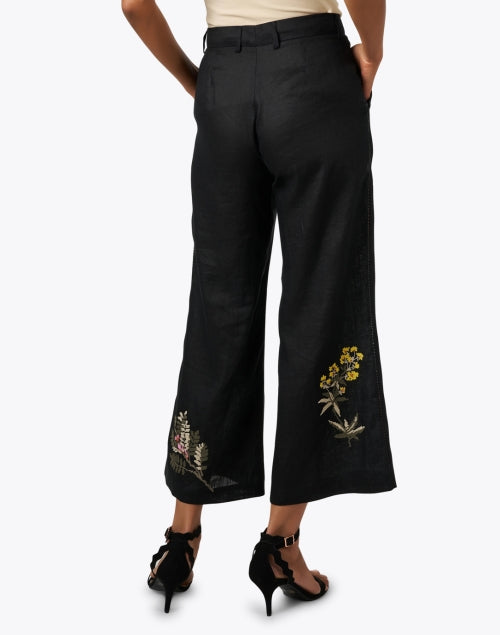 Stylish Black Floral - Embroidered Lightweight Linen Wide - Leg Pants