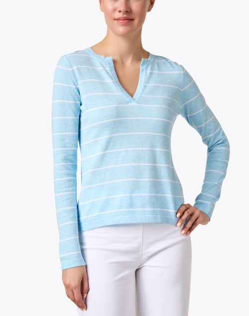 Stylish Blue and White Striped Split Neck Cotton Top for Endless Styling