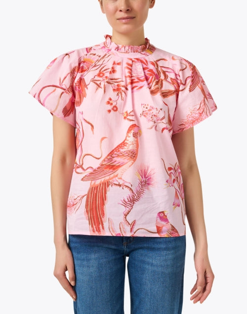 Delightful Pink Bird-Printed Cotton Women's Blouse Top