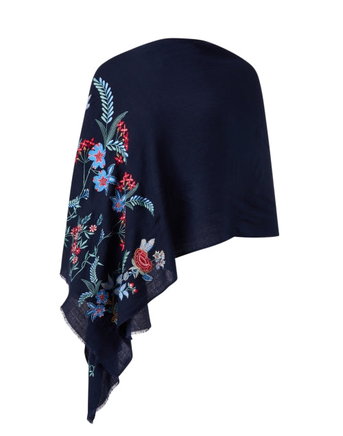 Navy Blue Floral Pattern Embroidered Luxury Wool Fashion Scarf