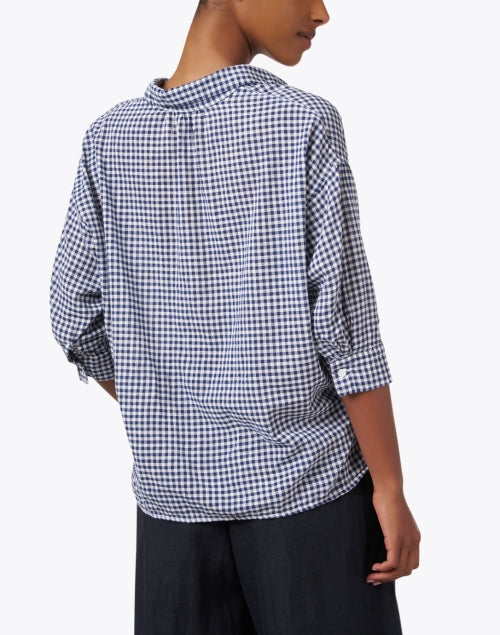 Navy Blue Gingham Pattern 100% Linen Casual Henley Top for Women by CP Shades