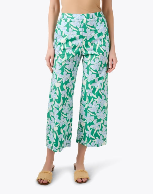 Stylish Wide-Leg Cropped Green and Blue Floral Print Pants