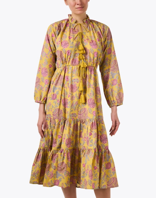 Astrid's Charming Yellow Floral Print Cotton A-Line Dress